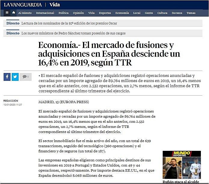 El mercado de fusiones y adquisiciones en Espaa desciende un 16,4% en 2019, segn TTR